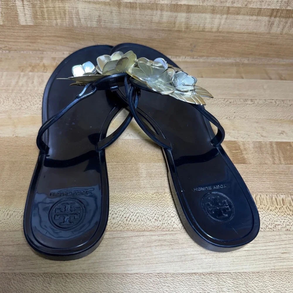 Tory Burch Black Jelly Thong Sandals blossom Floral Embellished Flat Shoes 8